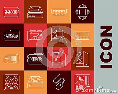 Set line Motherboard digital chip, Case of computer, RAM, random access memory, Video graphic card, SSD, SSHD and icon Vector Illustration