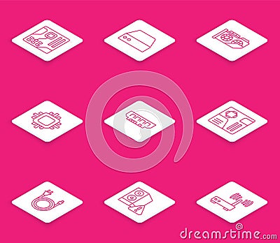 Set line Motherboard digital chip, Server, Data, Web Hosting, Video graphic card, Processor with CPU, RAM, random access Vector Illustration