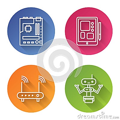 Set line Motherboard, Graphic tablet, Router and wi-fi signal and Robot. Color circle button. Vector Vector Illustration