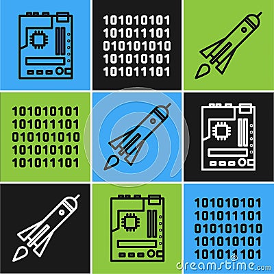Set line Motherboard, Rocket ship with fire and Binary code icon. Vector Vector Illustration