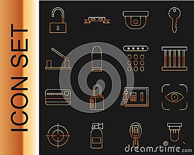 Set line Motion sensor, Eye scan, Prison window, Bullet, Parking car barrier, Open padlock and Password protection icon Vector Illustration