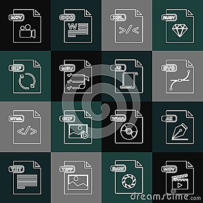 Set line MOV file document, AI, SVG, XSL, M3U, GIF, and JS icon. Vector Vector Illustration