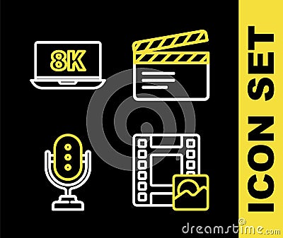 Set line Movie clapper, Play Video, Microphone and Laptop with 8k icon. Vector Vector Illustration