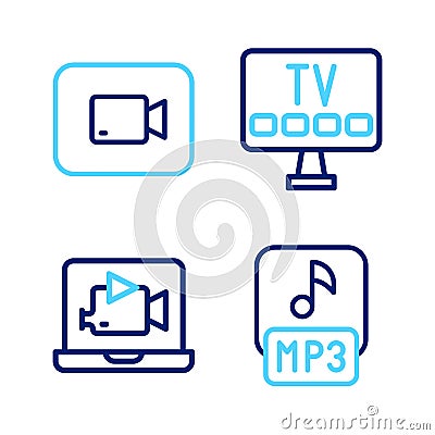 Set line MP3 file, Online play video, Smart Tv and Play button icon. Vector Vector Illustration