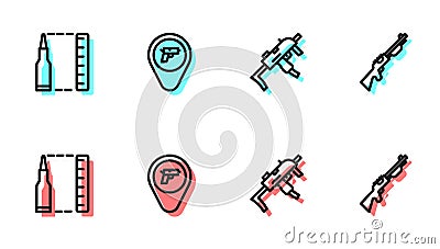 Set line MP9I submachine gun, Bullet, Location with weapon and Hunting icon. Vector Vector Illustration