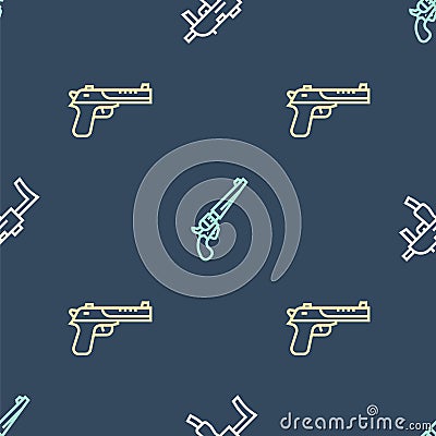 Set line MP9I submachine gun, Desert eagle and Revolver on seamless pattern. Vector Stock Photo