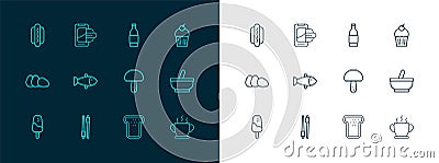 Set line Muffin, Food chopsticks, Mushroom, Bread toast, Fish, Bottle of wine, Hotdog and ordering on mobile icon Vector Illustration