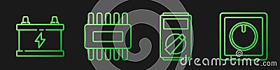 Set line Multimeter, Car battery, Processor with microcircuits CPU and Electric light switch. Gradient color icons Vector Illustration