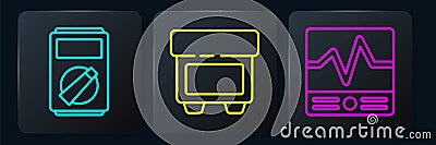 Set line Multimeter, Electrical measuring instruments and Fuse. Black square button. Vector Vector Illustration