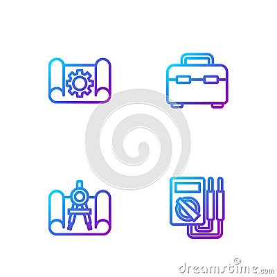 Set line Multimeter, Graphing paper and compass, gear and Toolbox. Gradient color icons. Vector Vector Illustration