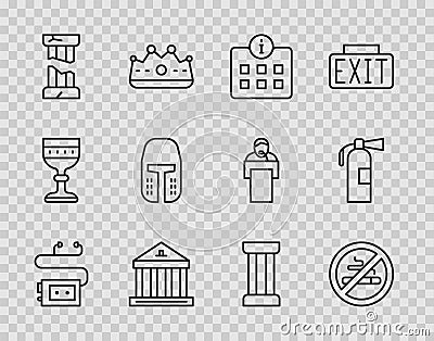 Set line Museum audio guide, No Smoking, Information, building, Broken ancient column, Medieval iron helmet, Ancient and Vector Illustration