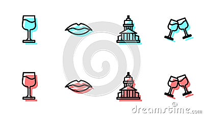 Set line Museum building, Wine glass, Smiling lips and icon. Vector Vector Illustration