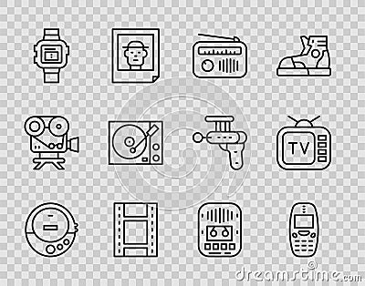 Set line Music CD player, Old mobile phone, Radio with antenna, Play Video, Wrist watch, Vinyl, Cassette tape and Retro Stock Photo