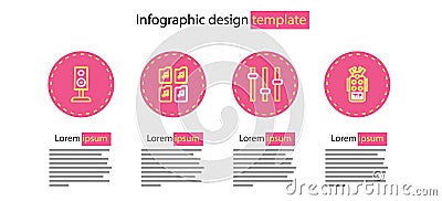 Set line Music equalizer, Microphone, file document and Stereo speaker icon. Vector Vector Illustration