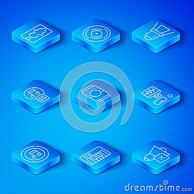 Set line Music note, tone, Beer can, synthesizer, recording studio, Movie spotlight, Pause button, wave equalizer and Stock Photo