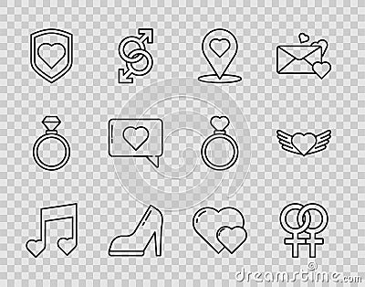 Set line Music note, tone with hearts, Female gender symbol, Map pointer, Woman shoe high heel, Heart shield, Like and Vector Illustration