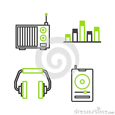 Set line Music player, Headphones, equalizer and Radio with antenna icon. Vector Vector Illustration