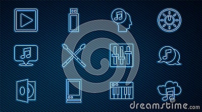 Set line Music streaming service, Musical note speech bubble, human head, Drum sticks, Play square, Sound mixer Vector Illustration