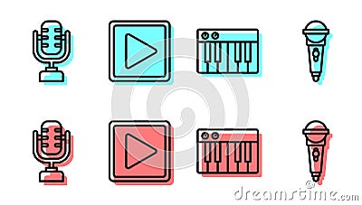 Set line Music synthesizer, Microphone, Play in square and Microphone icon. Vector Vector Illustration