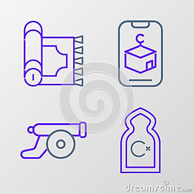 Set line Muslim Mosque, Ramadan cannon, Star and crescent and Traditional carpet icon. Vector Stock Photo