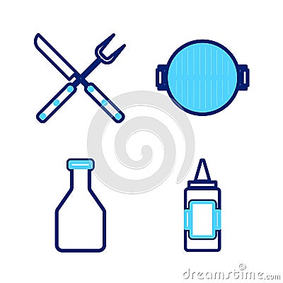 Set line Mustard bottle, Ketchup, Barbecue grill and Crossed fork and knife icon. Vector Vector Illustration