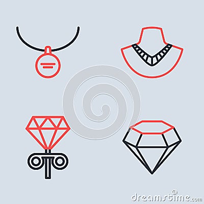 Set line Necklace on mannequin, Stud earrings, Diamond and Locket necklace icon. Vector Stock Photo