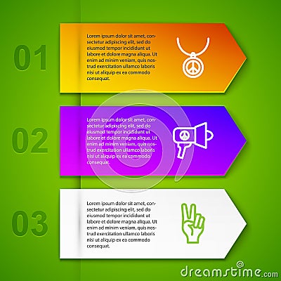 Set line Necklace with peace symbol, Megaphone and Peace. Business infographic template. Vector Stock Photo