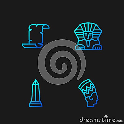 Set line Nefertiti, Obelisk of Alexandria, Papyrus scroll and Sphinx. Gradient color icons. Vector Vector Illustration