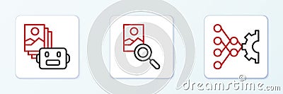 Set line Neural network, Artificial intelligence robot and Photo retouching icon. Vector Stock Photo