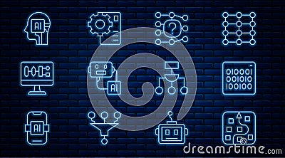 Set line Neural network, Binary code, Artificial intelligence robot, Algorithm, Humanoid, and icon. Vector Vector Illustration
