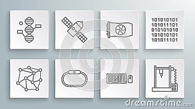 Set line Neural network, Satellite, Smartwatch, Keyboard and mouse, 3D printer, Video graphic card, Binary code and DNA Vector Illustration