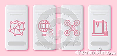 Set line Neural network, Social network, Drone flying and 3D printer. White rectangle button. Vector Stock Photo