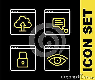 Set line New chat messages notification, Browser incognito window, Secure your site with HTTPS, SSL and Cloud upload Vector Illustration