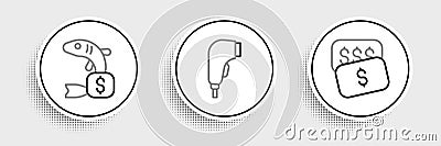 Set line New price tag dollar, Price for fish and Scanner scanning bar code icon. Vector Stock Photo