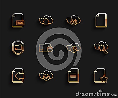 Set line Next page arrow, Cloud with check mark, DOC file document, Document, star, Delete folder, Search cloud Stock Photo