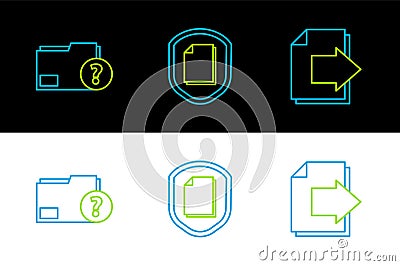 Set line Next page arrow, Unknown document folder and Document protection concept icon. Vector Stock Photo