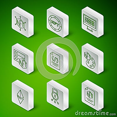 Set line NFT contract, Cyber security, blockchain technology, Binary code, Digital crypto art, Ethereum ETH and icon Vector Illustration
