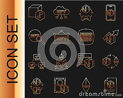 Set line NFT contract, Ethereum exchange, growth bar chart, Digital crypto, Search, and Binary code icon. Vector Vector Illustration