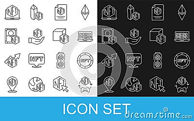 Set line NFT Digital crypto art, Binary code, contract, Laptop with store app and icon. Vector Editorial Stock Photo