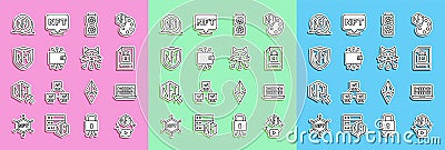 Set line NFT Digital crypto art, Binary code, Document and lock, Video graphic card, Cryptocurrency wallet, shield, and Vector Illustration