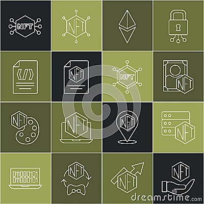 Set line NFT Digital crypto art, blockchain technology, Ethereum ETH, contract, Binary code, and icon. Vector Editorial Stock Photo