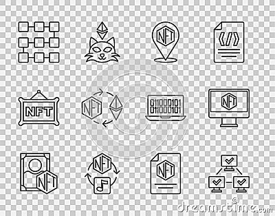 Set line NFT Digital crypto art, blockchain technology, Ethereum exchange, contract and Monitor with store app icon Vector Illustration