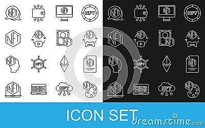 Set line NFT Digital crypto art, contract, Monitor with store app, and icon. Vector Vector Illustration