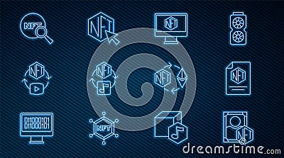 Set line NFT Digital crypto art, contract, Monitor with store app, Search, Ethereum exchange and icon. Vector Vector Illustration
