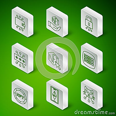 Set line NFT Digital crypto art, Ethereum ETH, Cryptocurrency wallet, Cyber security, and Binary code icon. Vector Vector Illustration