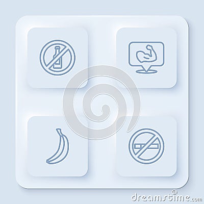 Set line No alcohol, Bodybuilder muscle, Banana and Smoking. White square button. Vector Vector Illustration