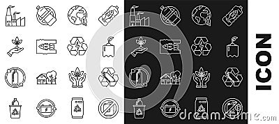 Set line No canister for gasoline, Sprout, Earth globe and leaf, Stop ocean pollution, Plant hand of environmental Stock Photo