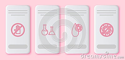 Set line No handshake, Test tube flask, Blood test virus and Stop. White rectangle button. Vector Vector Illustration