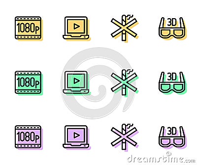 Set line No smoking, Full HD 1080p, Online play video and 3D cinema glasses icon. Vector Vector Illustration