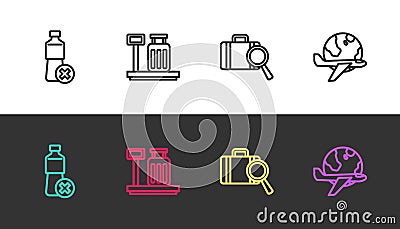 Set line No water bottle, Scale with suitcase, Lost baggage and Globe flying plane on black and white. Vector Vector Illustration